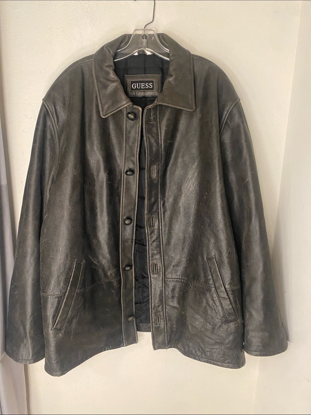 GUESS Men's Black Leather Button-Front Trench Coat